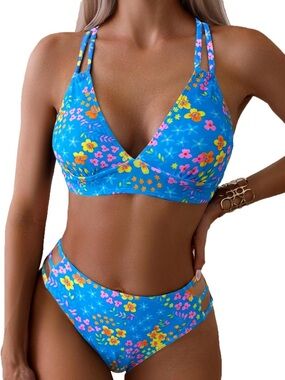Women's Push Up V Neck Bikini Sets Criss Cross Back Two Piece Bathing Suit nwt